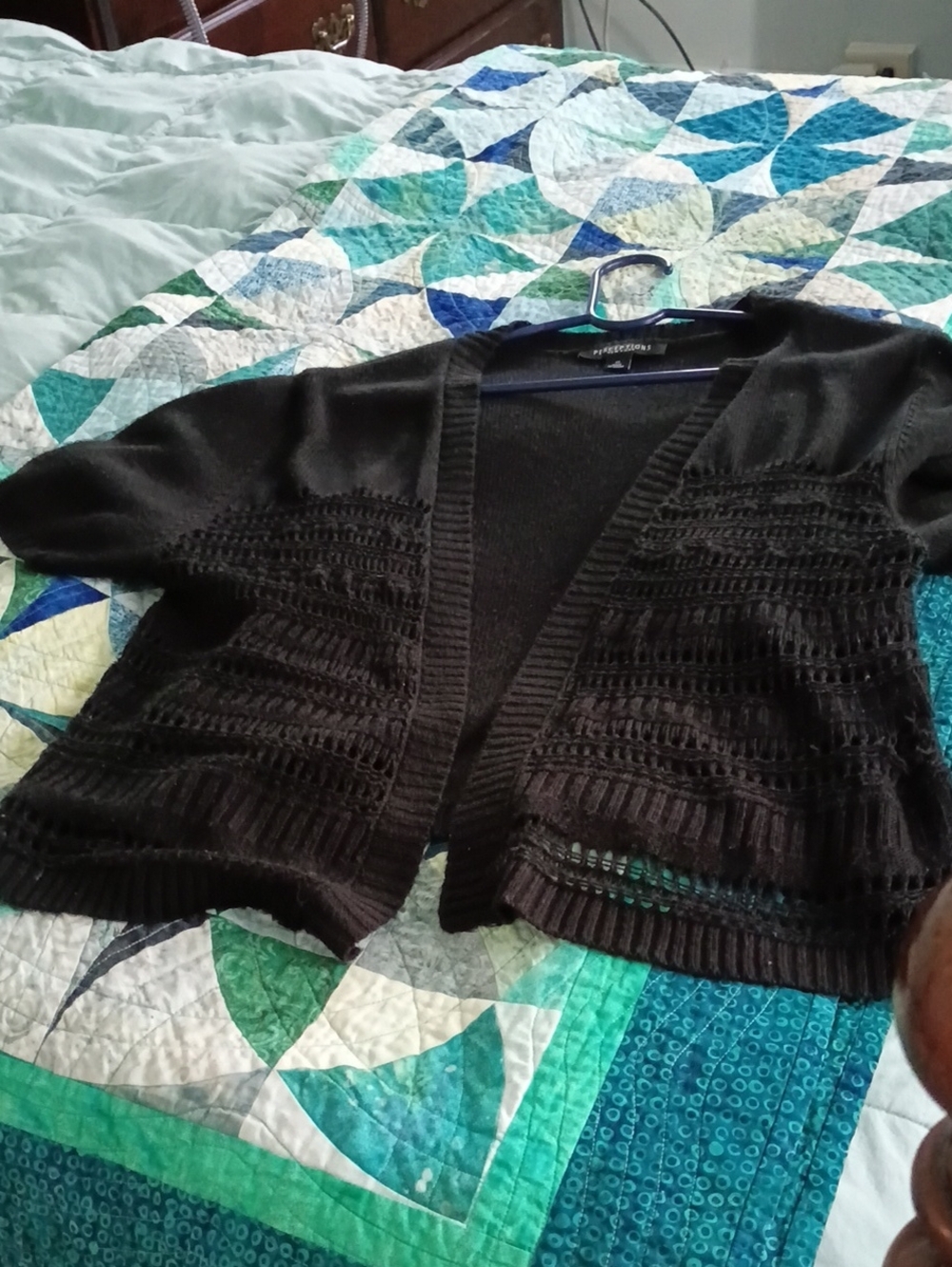 Perceptions Black Open-Front Crochet Panel Women’s Cardigan